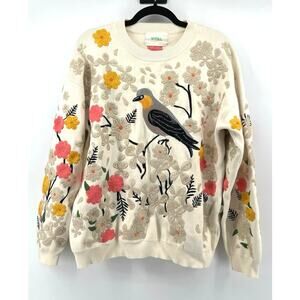 YITAI Songbird Floral Embroidered Crewneck Sweatshirt Size S Cream Heavyweight